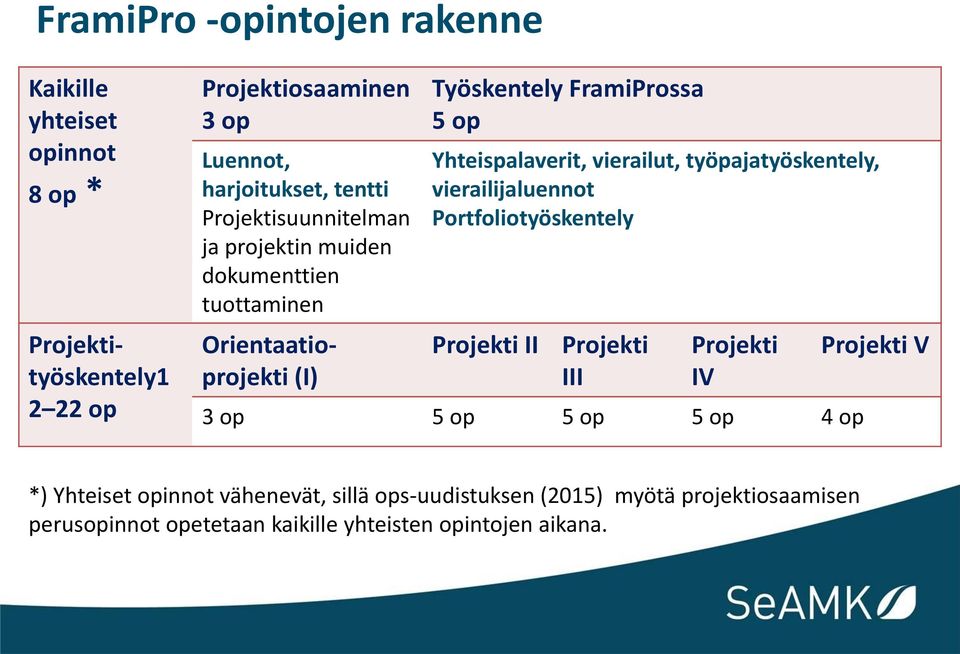 Yhteispalaverit, vierailut, työpajatyöskentely, vierailijaluennot Portfoliotyöskentely Projekti II Projekti III Projekti IV 3 op 5 op 5 op 5