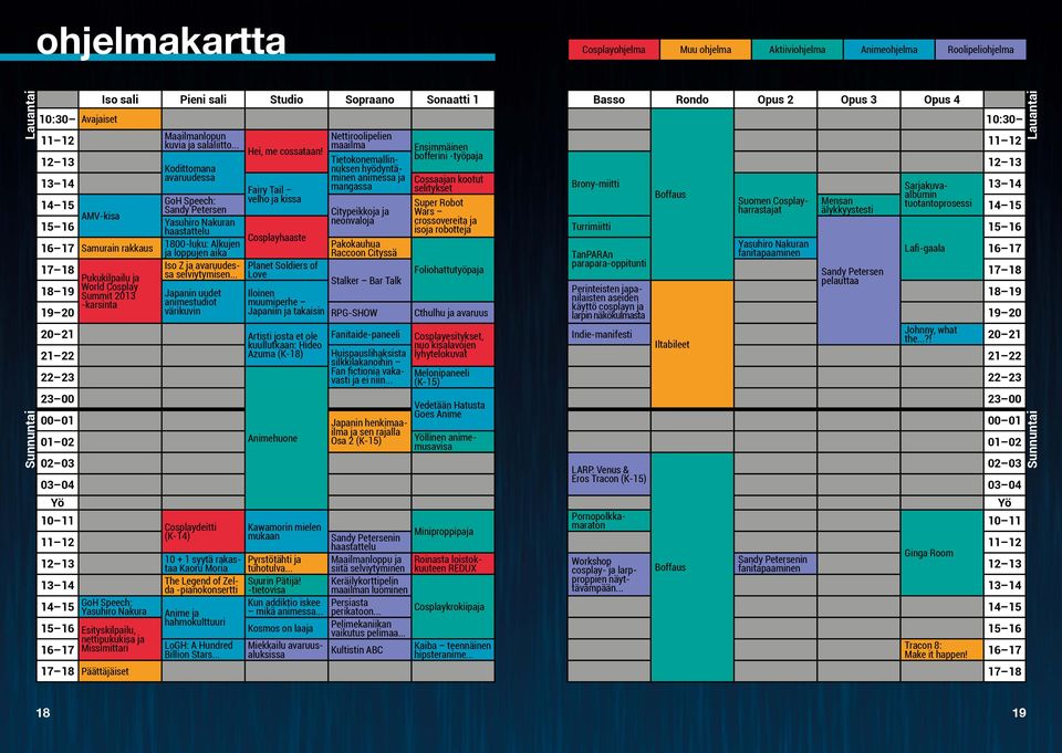 Ensimmäinen bofferini -työpaja 12 13 Tietokonemallinnuksen hyödyntä- Kodittomana avaruudessa minen animessa ja 13 14 Cossaajan kootut Fairy Tail mangassa selitykset velho ja kissa 14 15 GoH Speech: