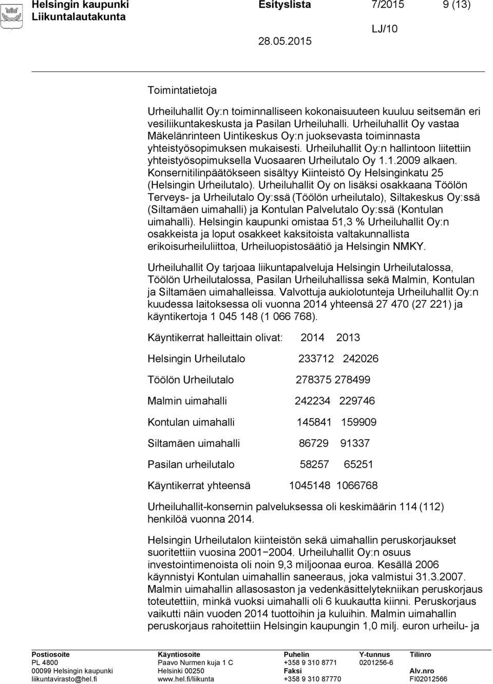 Urheiluhallit Oy:n hallintoon liitettiin yhteistyösopimuksella Vuosaaren Urheilutalo Oy 1.1.2009 alkaen. Konsernitilinpäätökseen sisältyy Kiinteistö Oy Helsinginkatu 25 (Helsingin Urheilutalo).