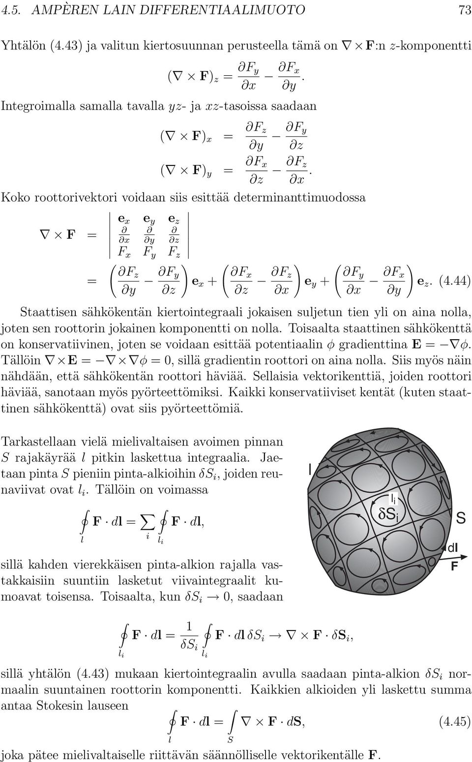 Koko roottorivektori voidaan siis esittää determinanttimuodossa e x e y e z F = x y z F x F y F z ( Fz = y F ) ( y Fx e x + z z F ) ( z Fy e y + x x F ) x e z. (4.