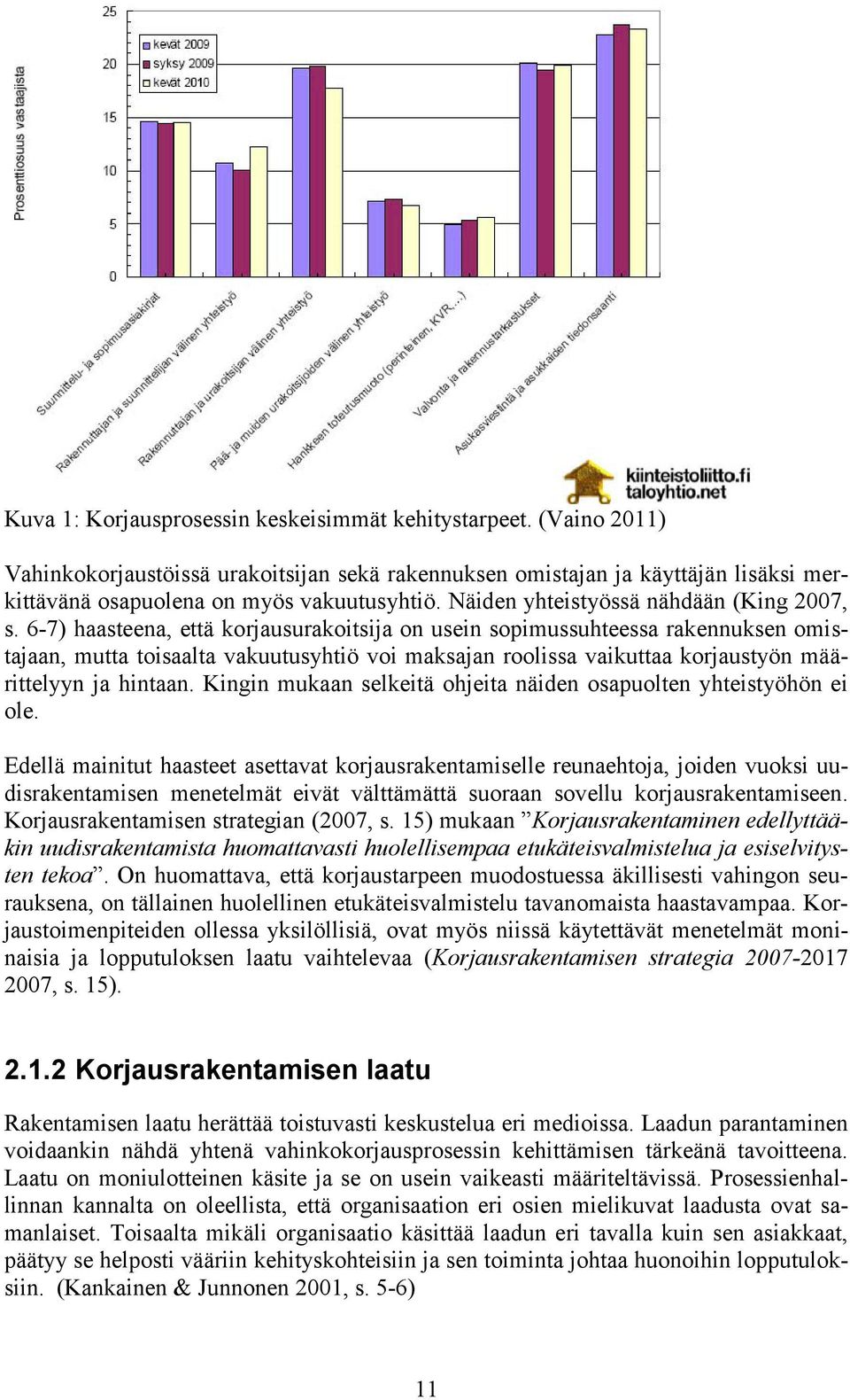 6-7) haasteena, että korjausurakoitsija on usein sopimussuhteessa rakennuksen omistajaan, mutta toisaalta vakuutusyhtiö voi maksajan roolissa vaikuttaa korjaustyön määrittelyyn ja hintaan.