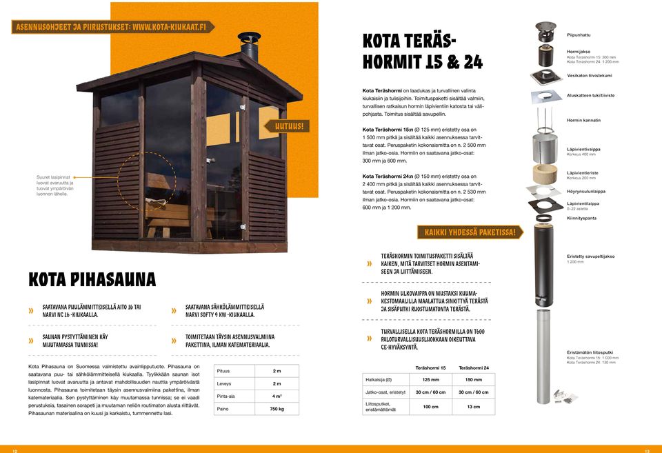 Kota Teräshormi 15:n (Ø 125 mm) eristetty osa on 1 500 mm pitkä ja sisältää kaikki asennuksessa tarvittavat osat. Peruspaketin kokonaismitta on n. 2 500 mm ilman jatko-osia.