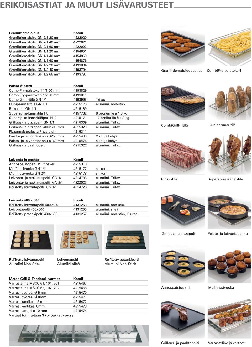 4193787 Graniittiemaloidut astiat CombiFry-paistokori Paisto & pizza CombiFry-paistokori 1/1 50 mm 4193829 CombiFry-paistokori 1/2 50 mm 4193811 CombiGrill-ritilä GN 1/1 4193995 Trilax