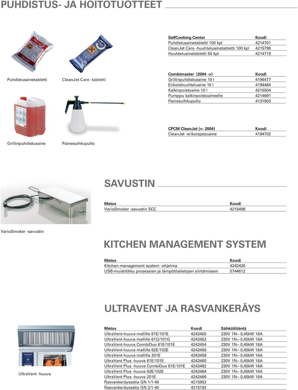 4131903 Grillinpuhdistusaine Painesuihkupullo CPCM CleanJet (<- 2004) CleanJet -erikoispesuaine 4194702 Savustin Metos VarioSmoker -savustin SCC 4215496 VarioSmoker -savustin Kitchen management