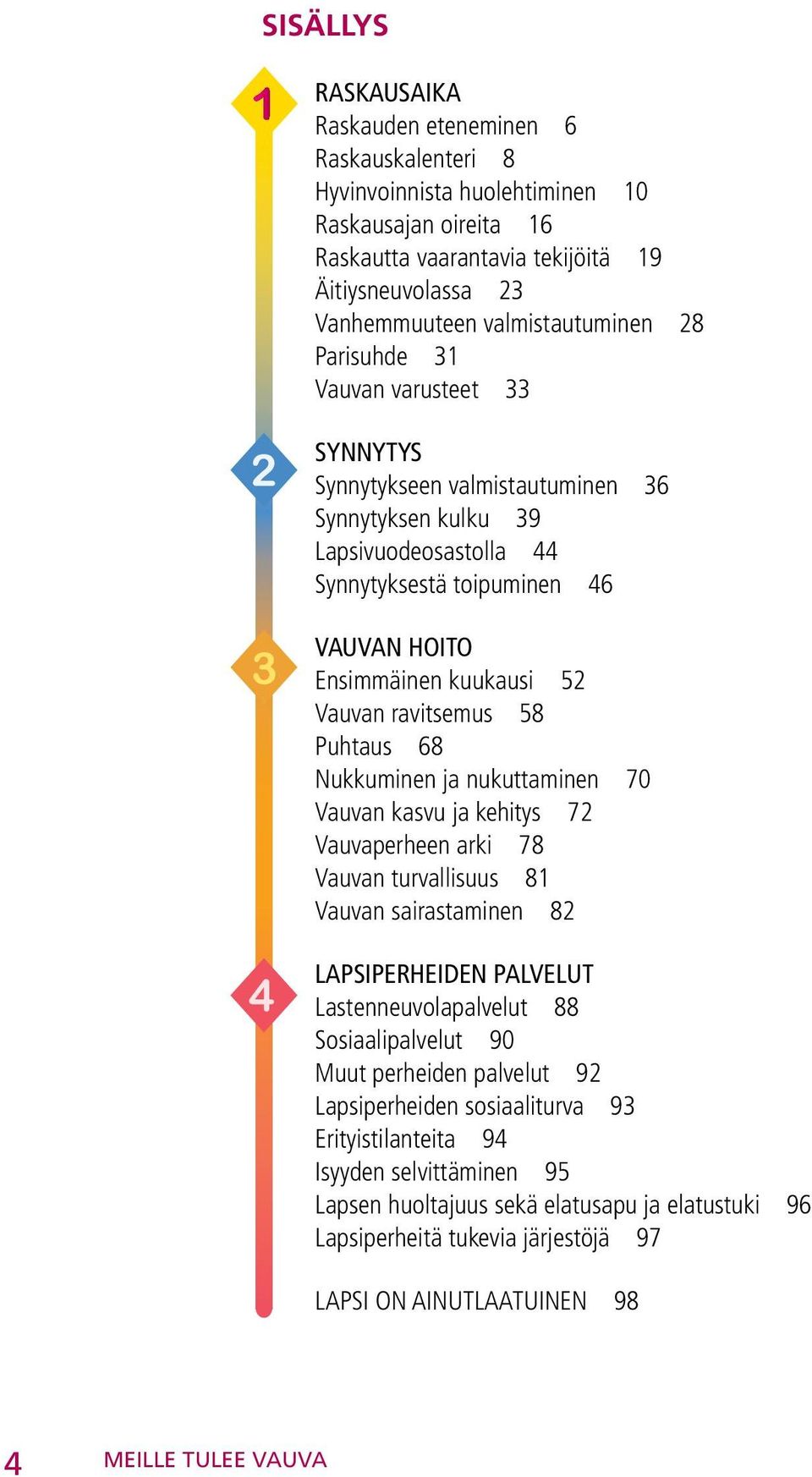 kuukausi 52 Vauvan ravitsemus 58 Puhtaus 68 Nukkuminen ja nukuttaminen 70 Vauvan kasvu ja kehitys 72 Vauvaperheen arki 78 Vauvan turvallisuus 81 Vauvan sairastaminen 82 LAPSIPERHEIDEN PALVELUT