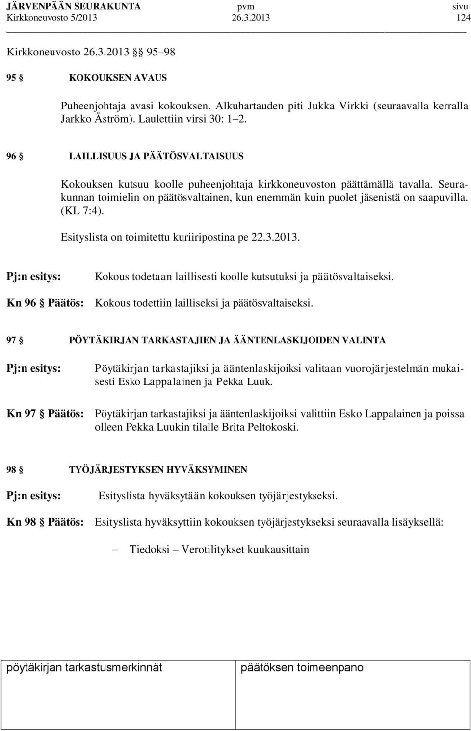 Seurakunnan toimielin on päätösvaltainen, kun enemmän kuin puolet jäsenistä on saapuvilla. (KL 7:4). Esityslista on toimitettu kuriiripostina pe 22.3.2013.