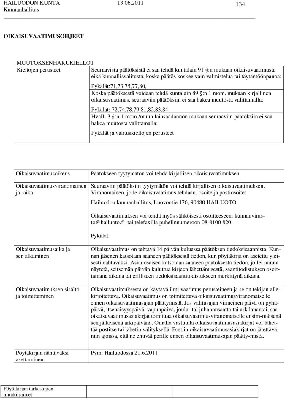 mukaan kirjallinen oikaisuvaatimus, seuraaviin päätöksiin ei saa hakea muutosta valittamalla: Pykälät: 72,74,78,79,81,82,83,84 HvalL 3 :n 1 mom.