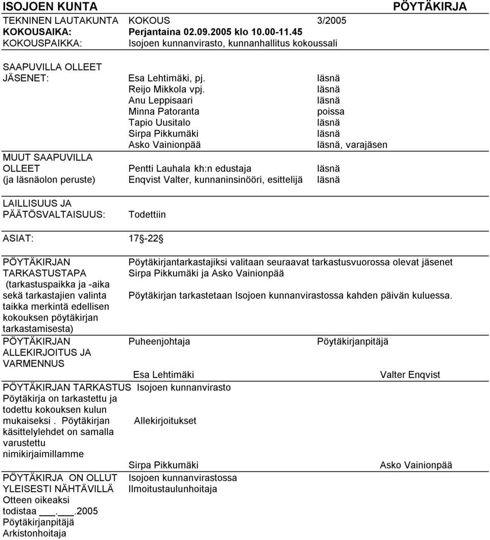 läsnä Anu Leppisaari läsnä Minna Patoranta poissa Tapio Uusitalo läsnä Sirpa Pikkumäki läsnä Asko Vainionpää läsnä, varajäsen MUUT SAAPUVILLA OLLEET Pentti Lauhala kh:n edustaja läsnä (ja läsnäolon