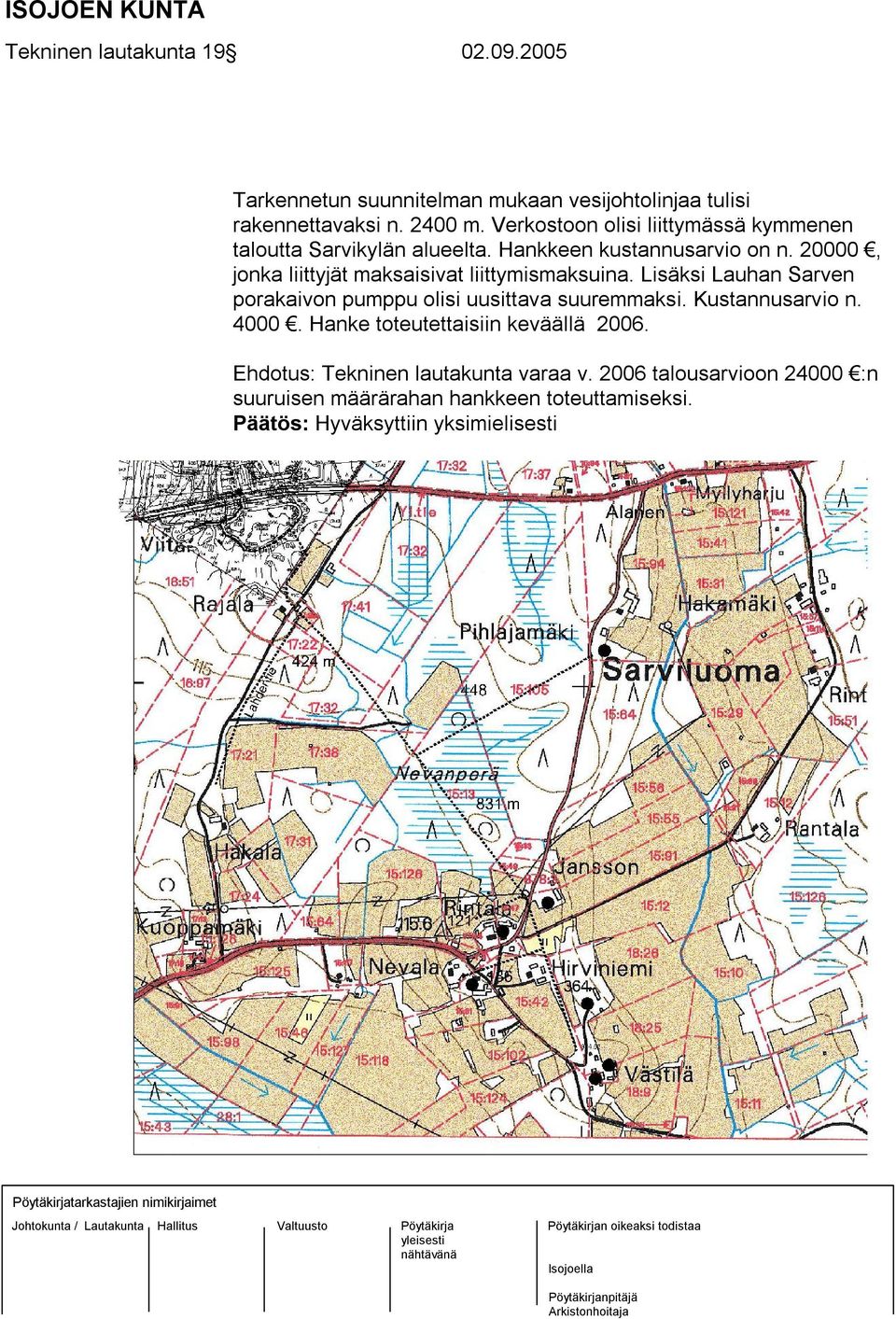 Lisäksi Lauhan Sarven porakaivon pumppu olisi uusittava suuremmaksi. Kustannusarvio n. 4000. Hanke toteutettaisiin keväällä 2006.