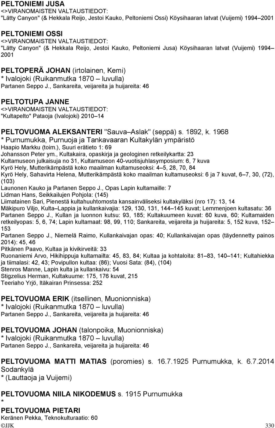 , Sankareita, veijareita ja huijareita: 46 PELTOTUPA JANNE "Kultapelto" Pataoja (Ivalojoki) 2010 14 PELTOVUOMA ALEKSANTERI "Sauva Aslak" (seppä) s. 1892, k.