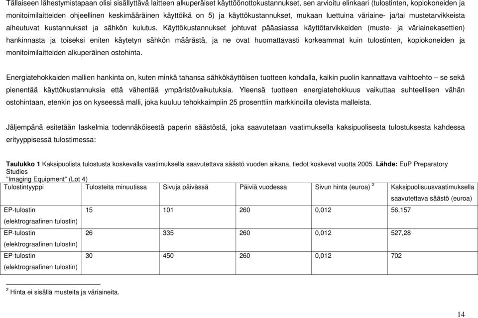 Käyttökustannukset johtuvat pääasiassa käyttötarvikkeiden (muste- ja väriainekasettien) hankinnasta ja toiseksi eniten käytetyn sähkön määrästä, ja ne ovat huomattavasti korkeammat kuin tulostinten,