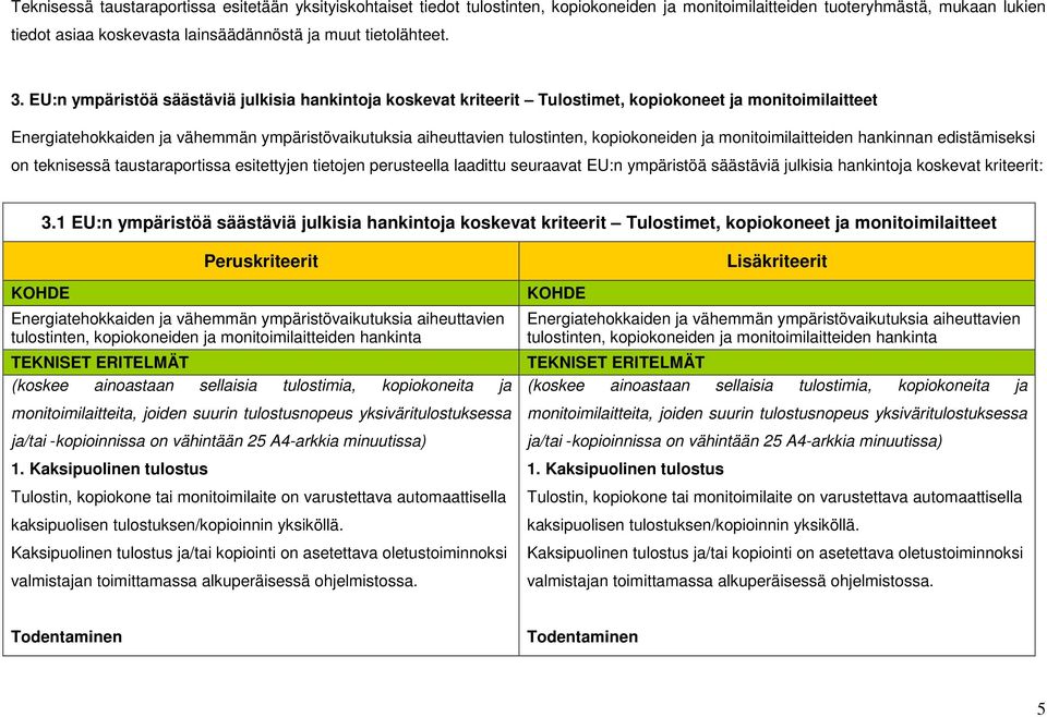 EU:n ympäristöä säästäviä julkisia hankintoja koskevat kriteerit Tulostimet, kopiokoneet ja monitoimilaitteet Energiatehokkaiden ja vähemmän ympäristövaikutuksia aiheuttavien tulostinten,