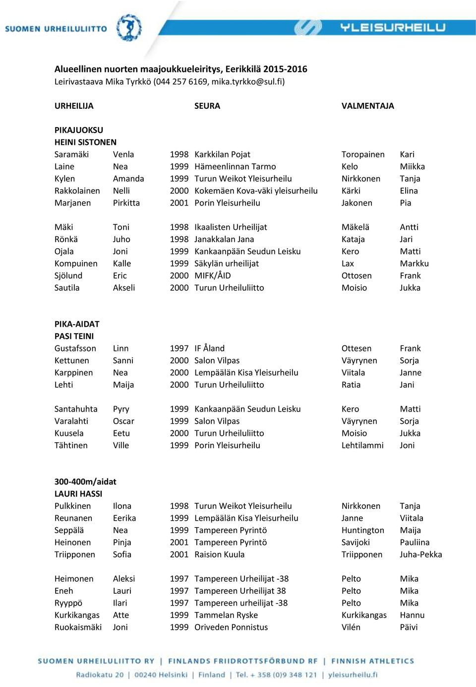 Nirkkonen Tanja Rakkolainen Nelli 2000 Kokemäen Kova-väki yleisurheilu Kärki Elina Marjanen Pirkitta 2001 Porin Yleisurheilu Jakonen Pia Mäki Toni 1998 Ikaalisten Urheilijat Mäkelä Antti Rönkä Juho