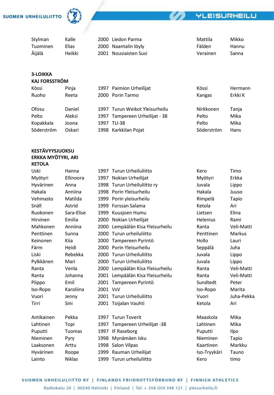 1997 TU-38 Pelto Mika Söderström Oskari 1998 Karkkilan Pojat Söderström Hans KESTÄVYYSJUOKSU ERKKA MYÖTYRI, ARI KETOLA Uski Hanna 1997 Turun Urheiluliitto Kero Timo Myötyri Ellinoora 1997 Nokian