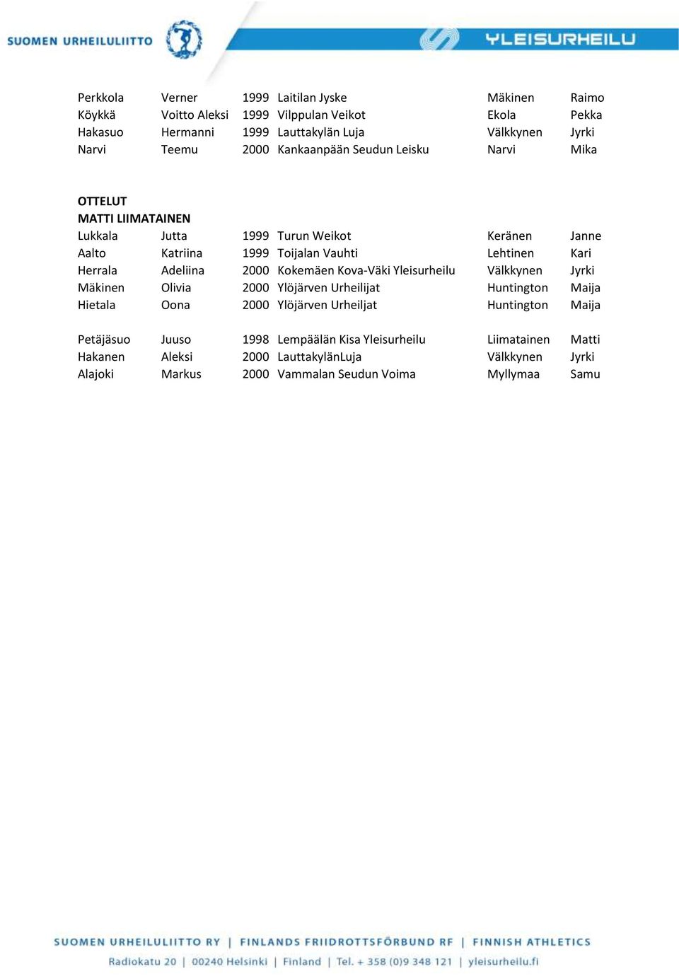 Adeliina 2000 Kokemäen Kova-Väki Yleisurheilu Välkkynen Jyrki Mäkinen Olivia 2000 Ylöjärven Urheilijat Huntington Maija Hietala Oona 2000 Ylöjärven Urheiljat Huntington