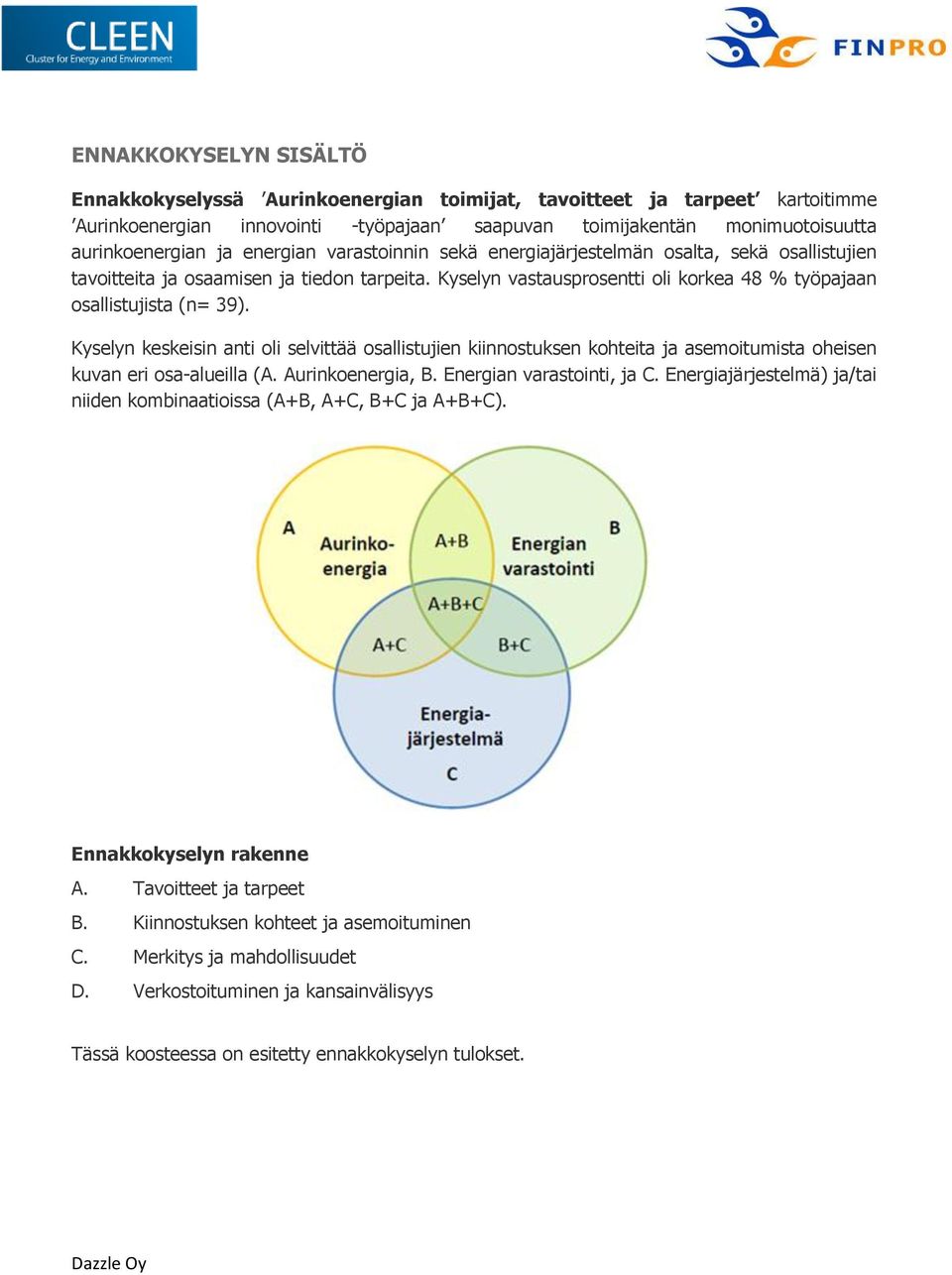 Kyselyn keskeisin anti oli selvittää osallistujien kiinnostuksen kohteita ja asemoitumista oheisen kuvan eri osa-alueilla (A. Aurinkoenergia, B. Energian varastointi, ja C.