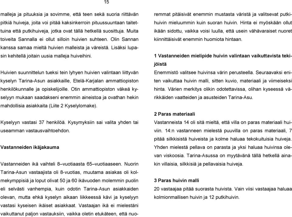 Huivien suunnittelun tueksi tein lyhyen huivien valintaan liittyvän kyselyn Tarina-Asun asiakkaille, Etelä-Karjalan ammattiopiston henkilökunnalle ja opiskelijoille.