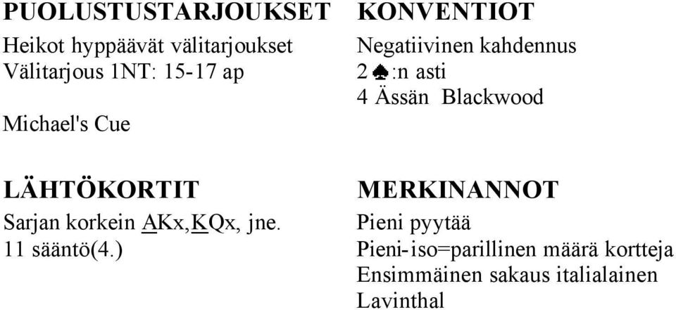 ) KONVENTIOT Negatiivinen kahdennus 2 :n asti 4 Ässän Blackwood MERKINANNOT