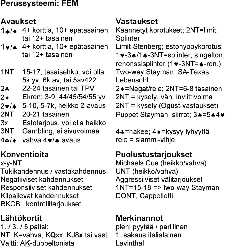 ) 1NT 15-17, tasaisehko, voi olla 5k yv, 6k av, tai 5av422 Two-way Stayman; SA-Texas; Lebensohl 2 22-24 tasainen tai TPV 2 =Negat/rele; 2NT=6-8 tasainen 2 Ekren: 3-9, 44/45/54/55 yv 2NT = kysely, väh.