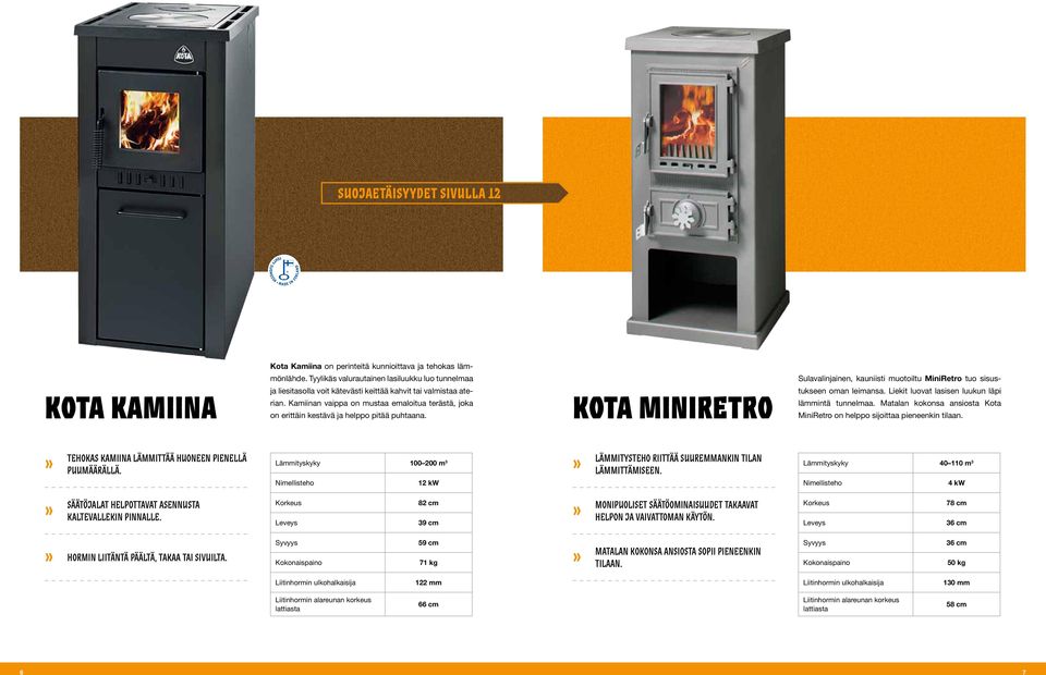 Kamiinan vaippa on mustaa emaloitua terästä, joka on erittäin kestävä ja helppo pitää puhtaana. Kota miniretro Sulavalinjainen, kauniisti muotoiltu MiniRetro tuo sisustukseen oman leimansa.