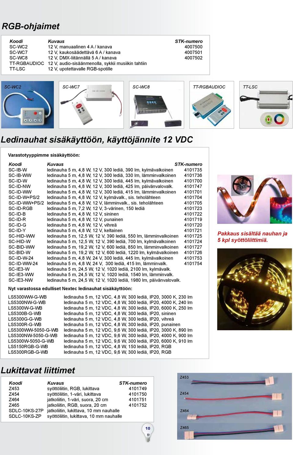 5 m, 4,8 W, 12 V, 300 lediä, 390 lm, kylmävalkoinen 4101735 SC-IB-WW ledinauha 5 m, 4,8 W, 12 V, 300 lediä, 330 lm, lämminvalkoinen 4101736 SC-ID-W ledinauha 5 m, 4,8 W, 12 V, 300 lediä, 445 lm,