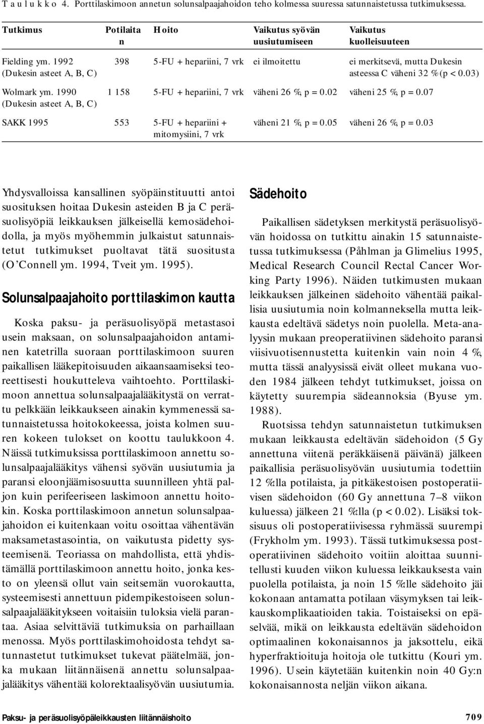 1992 398 5-FU + hepariini, 7 vrk ei ilmoitettu ei merkitsevä, mutta Dukesin (Dukesin asteet A, B, C) asteessa C väheni 32 % (p < 0.03) Wolmark ym.