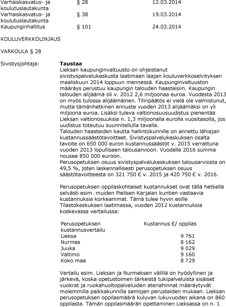 2014 koulutuslautakunta Kaupunginhallitus 101 24.03.