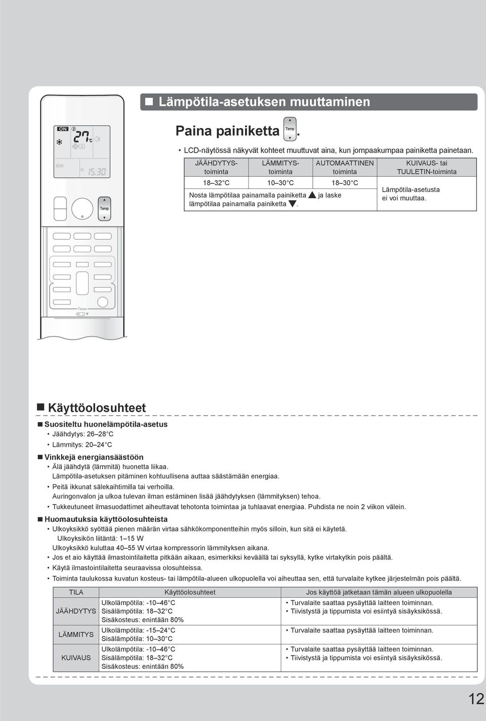 ja laske KUIVAUS- tai TUULETIN-toiminta Lämpötila-asetusta ei voi muuttaa.