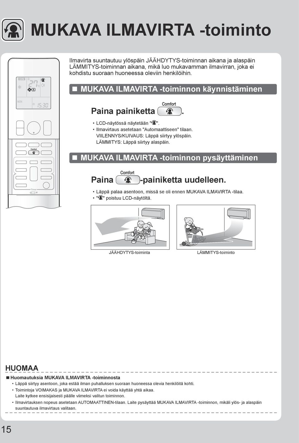 LÄMMITYS: Läppä siirtyy alaspäin.. MUKAVA ILMAVIRTA -toiminnon pysäyttäminen Paina -painiketta uudelleen. Läppä palaa asentoon, missä se oli ennen MUKAVA ILMAVIRTA -tilaa. " " poistuu LCD-näytöltä.