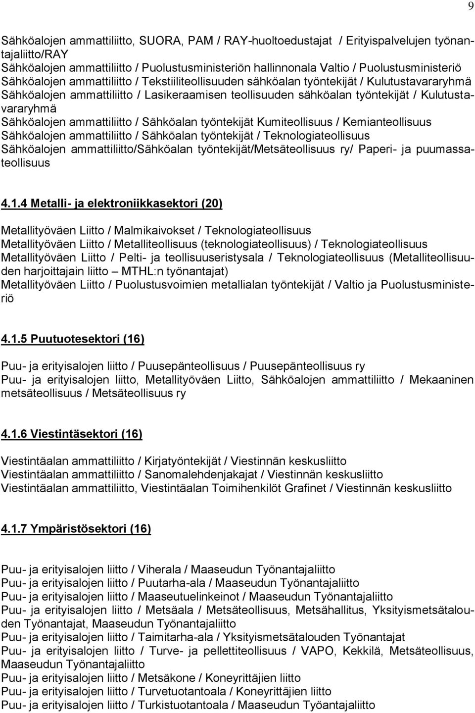 Sähköalojen ammattiliitto / Sähköalan työntekijät Kumiteollisuus / Kemianteollisuus Sähköalojen ammattiliitto / Sähköalan työntekijät / Teknologiateollisuus Sähköalojen ammattiliitto/sähköalan