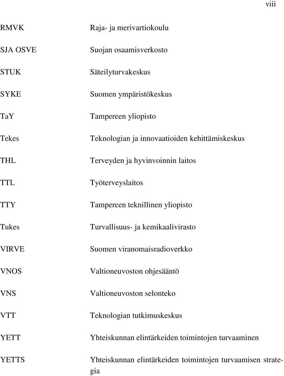 Työterveyslaitos Tampereen teknillinen yliopisto Turvallisuus- ja kemikaalivirasto Suomen viranomaisradioverkko Valtioneuvoston ohjesääntö