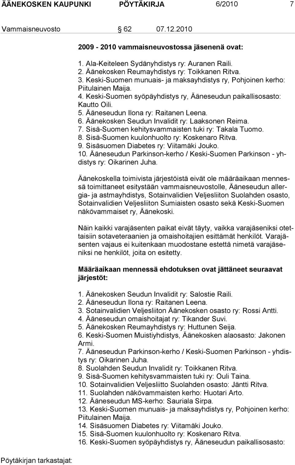 Äänekosken Seudun Invalidit ry: Laaksonen Reima. 7. Sisä-Suomen kehitysvammaisten tuki ry: Takala Tuomo. 8. Sisä-Suomen kuulonhuolto ry: Koskenaro Ritva. 9. Sisäsuomen Diabetes ry: Viitamäki Jouko.