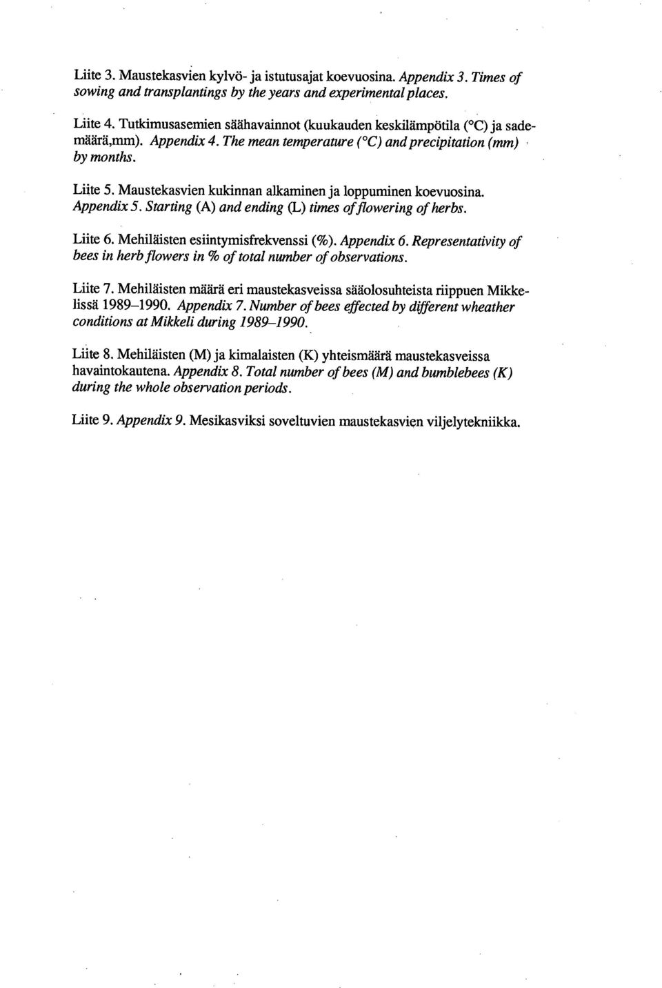 Maustekasvien kukinnan alkaminen ja loppuminen koevuosina. Appendix 5. Starting (A) and ending (L) times of flowering of herbs. Liite 6. Mehiläisten esiintymisfrekvenssi (%). Appendix 6.