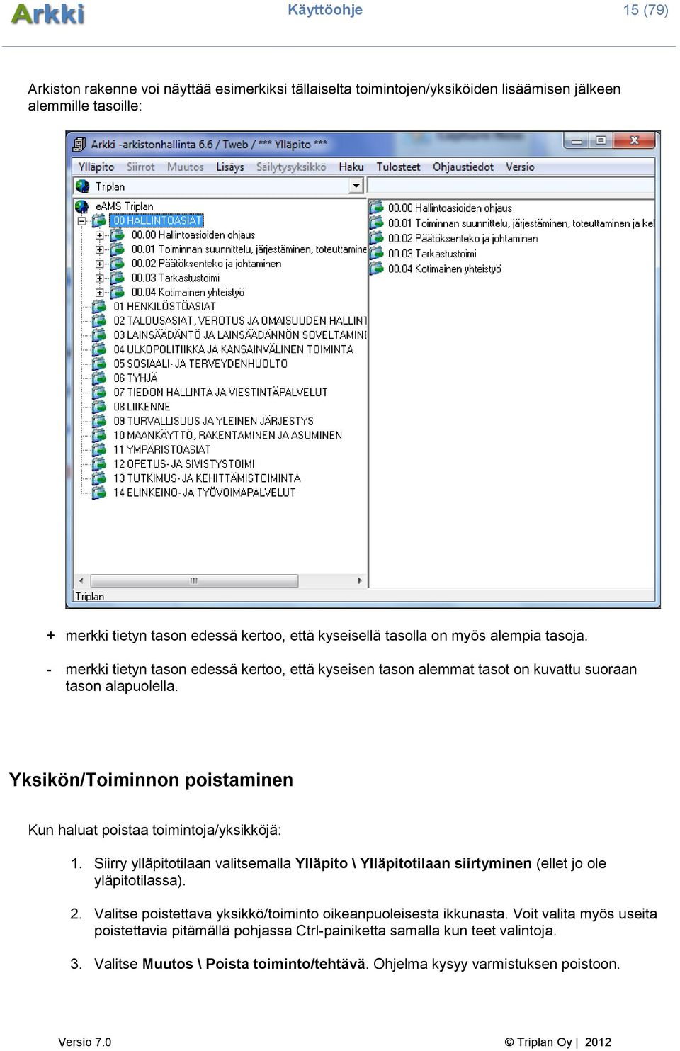 Yksikön/Toiminnon poistaminen Kun haluat poistaa toimintoja/yksikköjä: 1. Siirry ylläpitotilaan valitsemalla Ylläpito \ Ylläpitotilaan siirtyminen (ellet jo ole yläpitotilassa). 2.