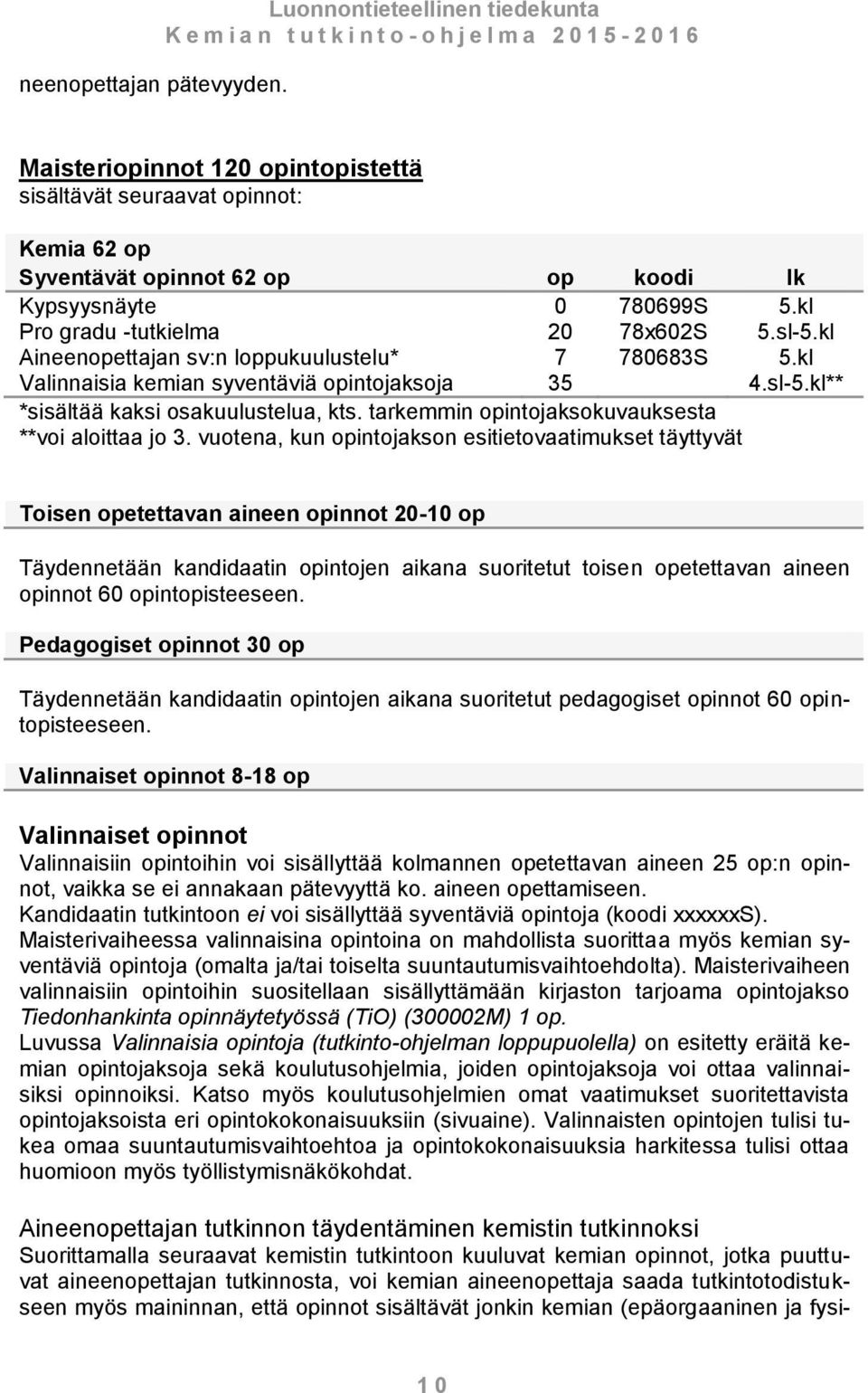 kl Pro gradu -tutkielma 20 78x602S 5.sl-5.kl Aineenopettajan sv:n loppukuulustelu* 7 780683S 5.kl Valinnaisia kemian syventäviä opintojaksoja 35 4.sl-5.kl** *sisältää kaksi osakuulustelua, kts.