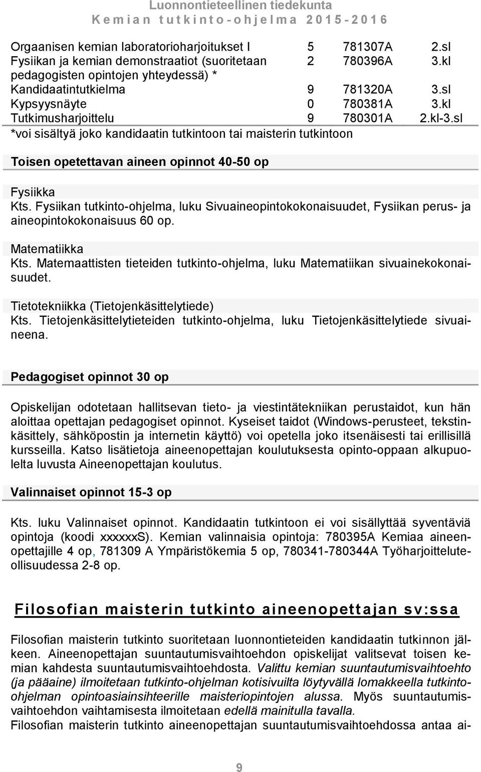 sl *voi sisältyä joko kandidaatin tutkintoon tai maisterin tutkintoon Toisen opetettavan aineen opinnot 40-50 op Fysiikka Kts.