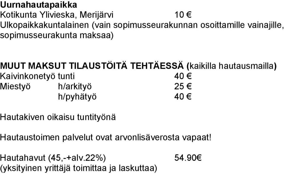 hautausmailla) Kaivinkonetyö tunti 40 Miestyö h/arkityö 25 h/pyhätyö 40 Hautakiven oikaisu tuntityönä