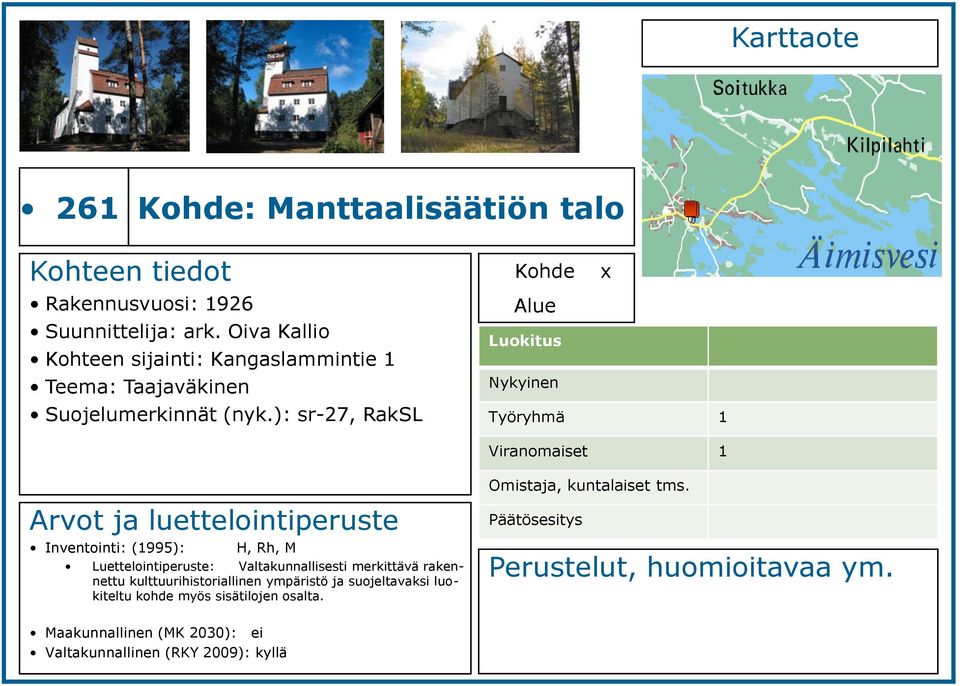 ): sr-27, RakSL x Työryhmä 1 Viranomaiset 1 Inventointi: (1995): H, Rh, M Luettelointiperuste: