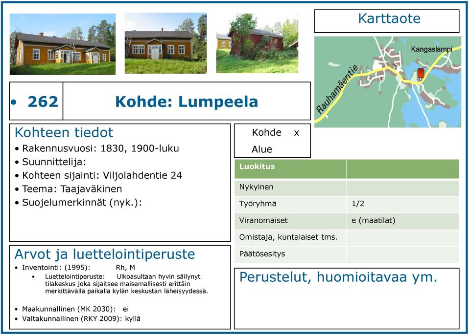 ): x Työryhmä 1/2 Viranomaiset e (maatilat) Inventointi: (1995): Rh, M Luettelointiperuste: