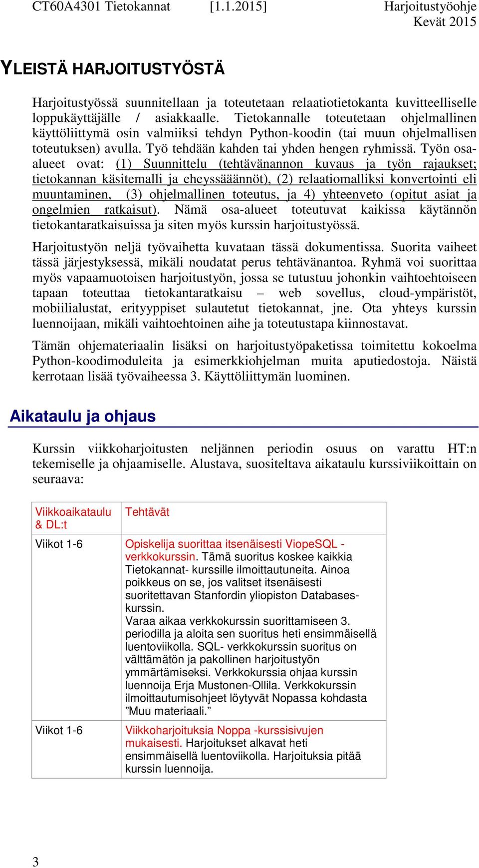 Työn osaalueet ovat: (1) Suunnittelu (tehtävänannon kuvaus ja työn rajaukset; tietokannan käsitemalli ja eheyssääännöt), (2) relaatiomalliksi konvertointi eli muuntaminen, (3) ohjelmallinen toteutus,