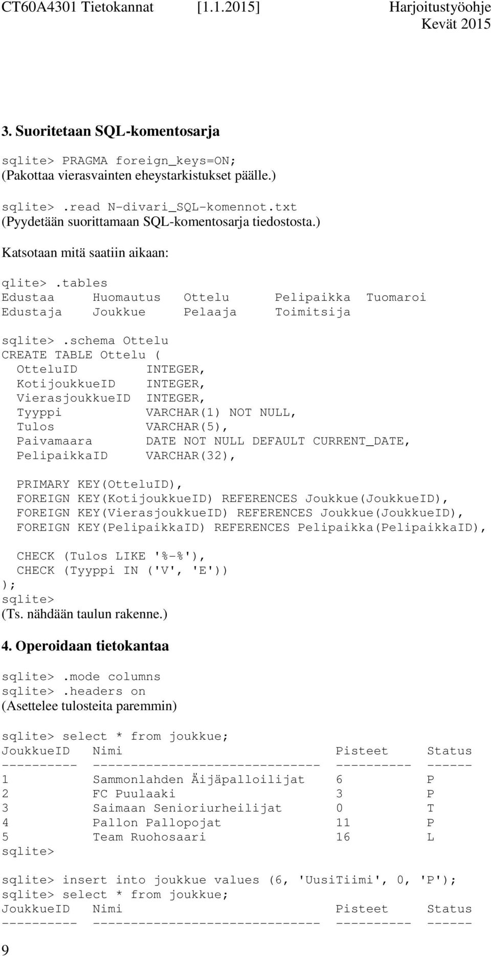 schema Ottelu CREATE TABLE Ottelu ( OtteluID INTEGER, KotijoukkueID INTEGER, VierasjoukkueID INTEGER, Tyyppi VARCHAR(1) NOT NULL, Tulos VARCHAR(5), Paivamaara DATE NOT NULL DEFAULT CURRENT_DATE,