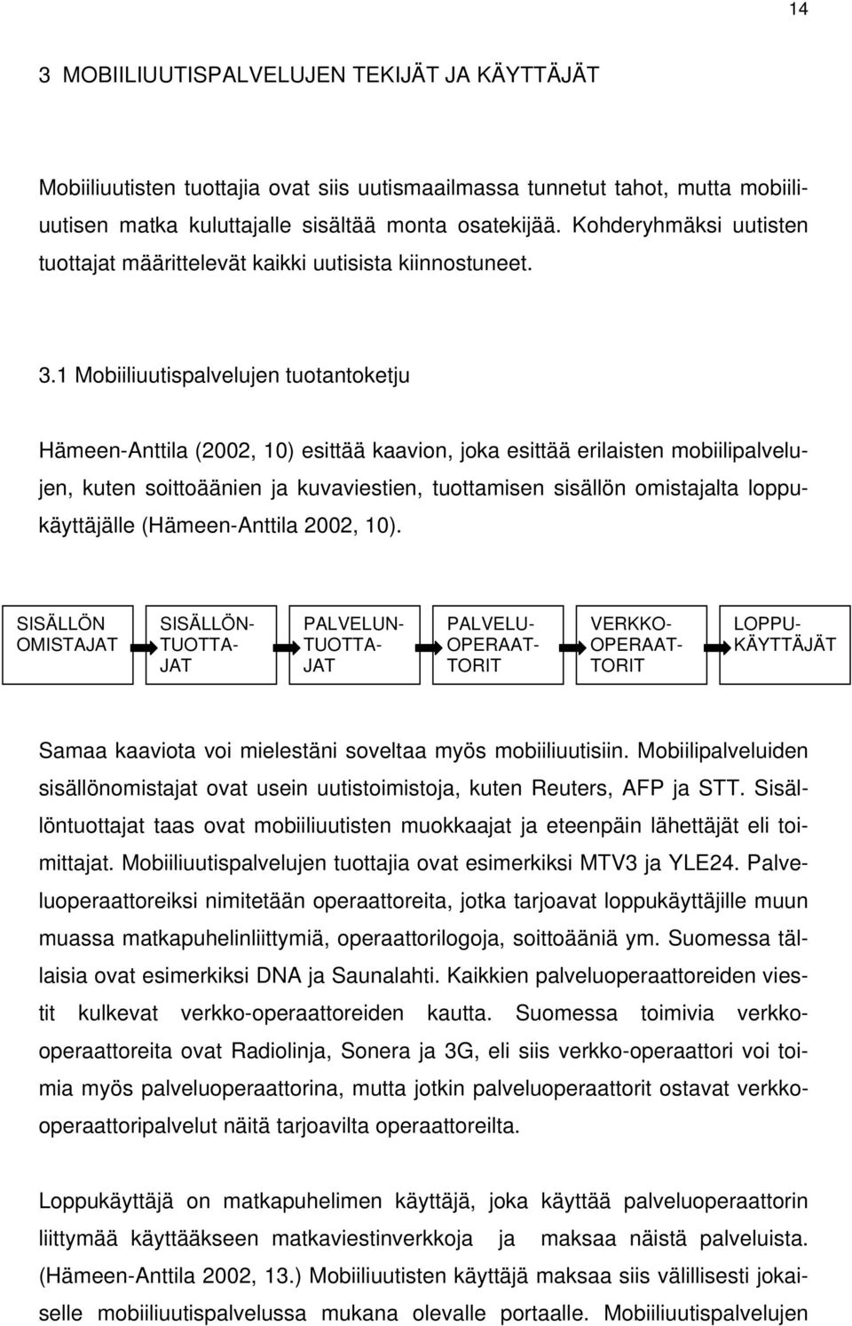 1 Mobiiliuutispalvelujen tuotantoketju Hämeen-Anttila (2002, 10) esittää kaavion, joka esittää erilaisten mobiilipalvelujen, kuten soittoäänien ja kuvaviestien, tuottamisen sisällön omistajalta