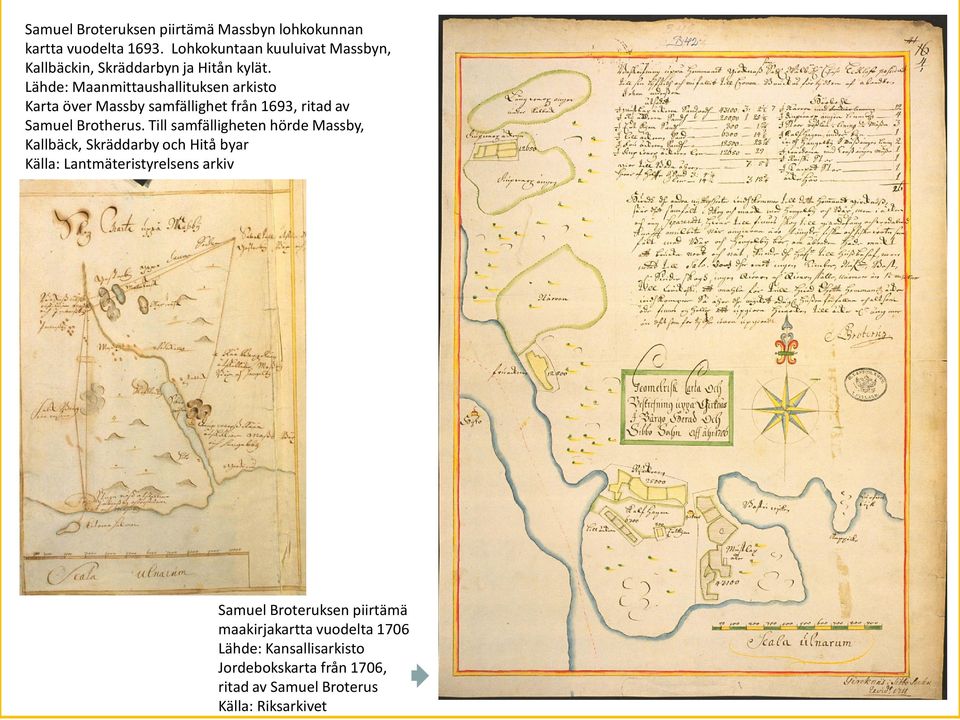 Lähde: Maanmittaushallituksen arkisto arta över Massby samfällighet från 1693, ritad av Samuel Brotherus.