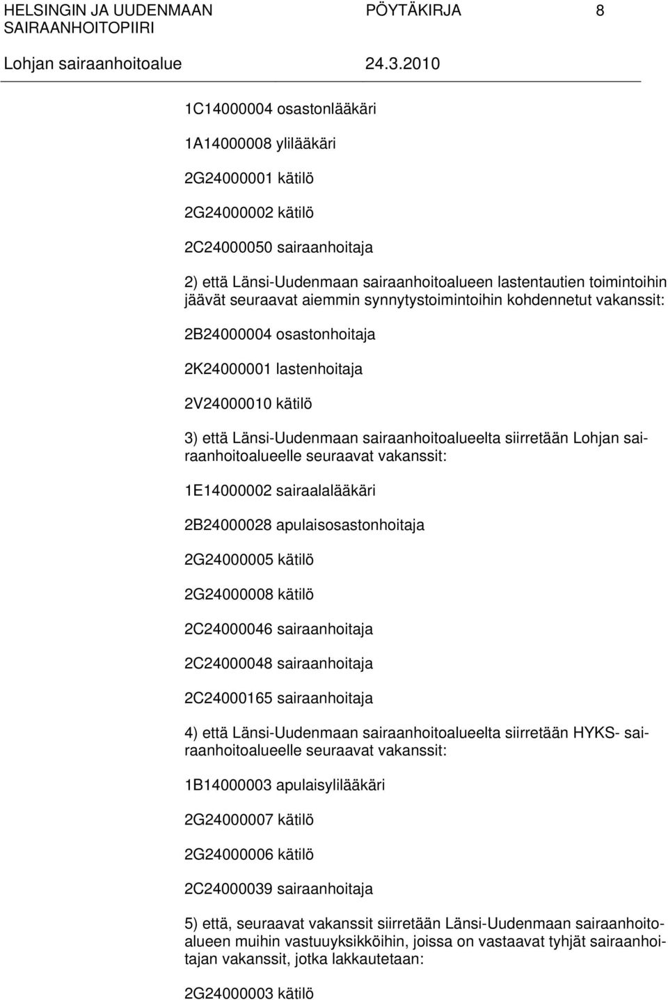 sairaanhoitoalueelle seuraavat vakanssit: 1E14000002 sairaalalääkäri 2B24000028 apulaisosastonhoitaja 2G24000005 kätilö 2G24000008 kätilö 2C24000046 sairaanhoitaja 2C24000048 sairaanhoitaja