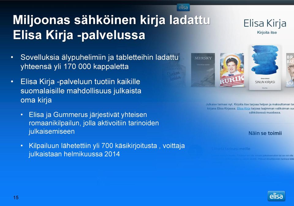 mahdollisuus julkaista oma kirja Elisa ja Gummerus järjestivät yhteisen romaanikilpailun, jolla