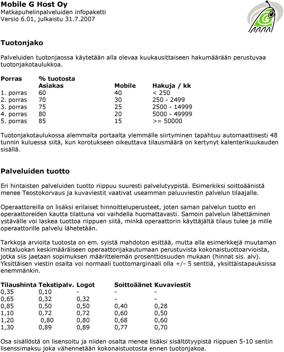 porras 85 15 >= 50000 Tuotonjakotaulukossa alemmalta portaalta ylemmälle siirtyminen tapahtuu automaattisesti 48 tunnin kuluessa siitä, kun korotukseen oikeuttava tilausmäärä on kertynyt