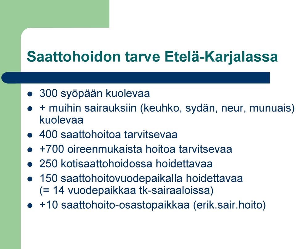 tarvitsevaa 250 kotisaattohoidossa hoidettavaa 150 saattohoitovuodepaikalla