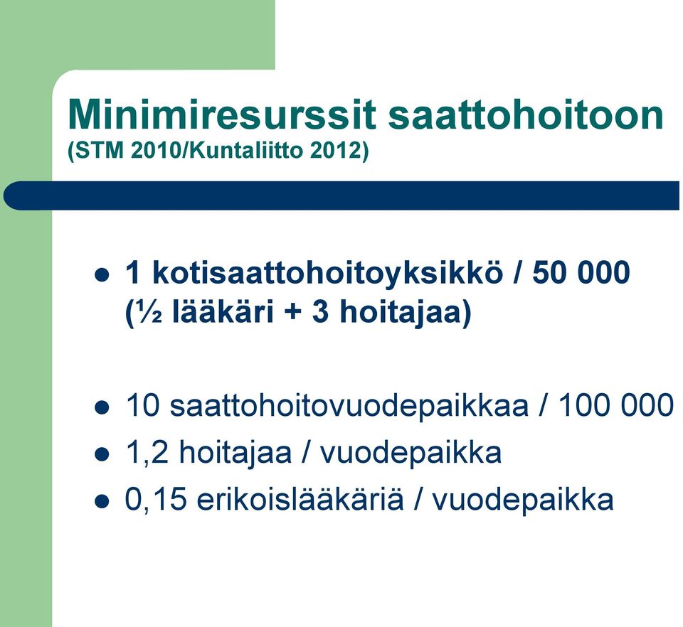 3 hoitajaa) 10 saattohoitovuodepaikkaa / 100 000 1,2
