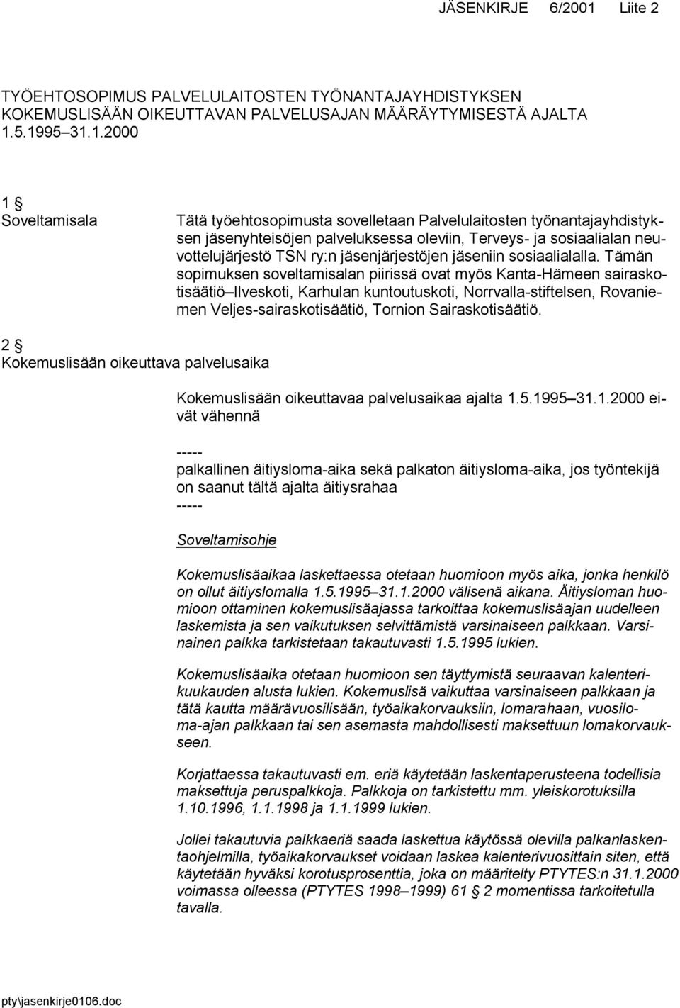 5.1995 31.1.2000 1 Soveltamisala Tätä työehtosopimusta sovelletaan Palvelulaitosten työnantajayhdistyksen jäsenyhteisöjen palveluksessa oleviin, Terveys- ja sosiaalialan neuvottelujärjestö TSN ry:n
