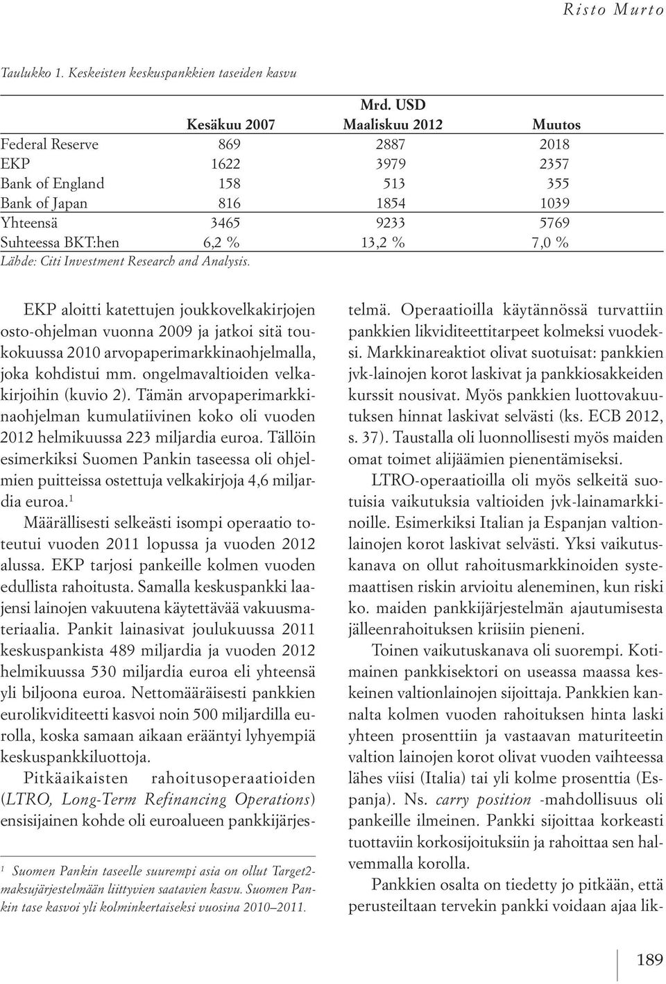 7,0 % Lähde: Citi Investment Research and Analysis. 1 Suomen Pankin taseelle suurempi asia on ollut Target2- maksujärjestelmään liittyvien saatavien kasvu.